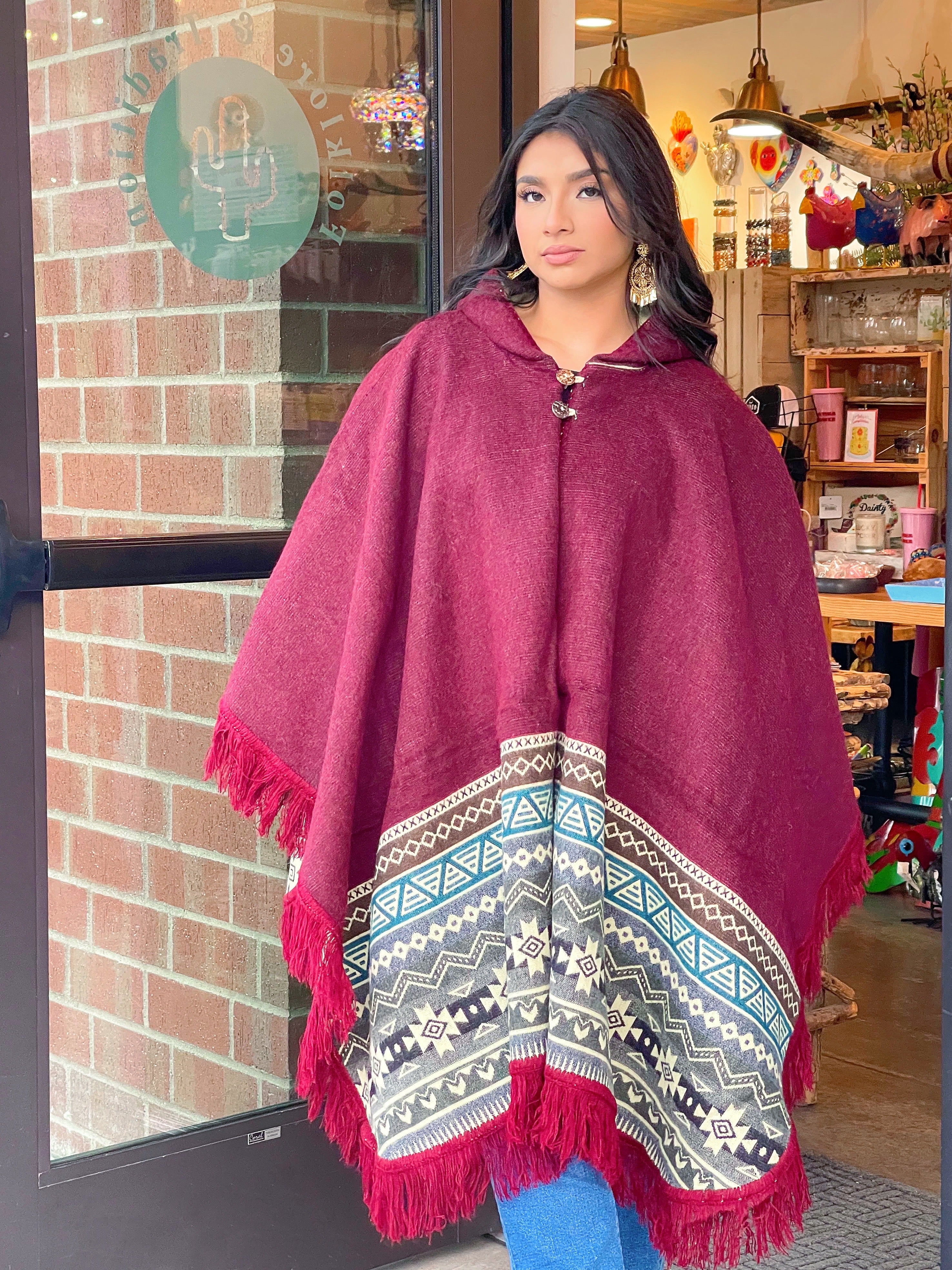 Fringe Poncho - Burgundy