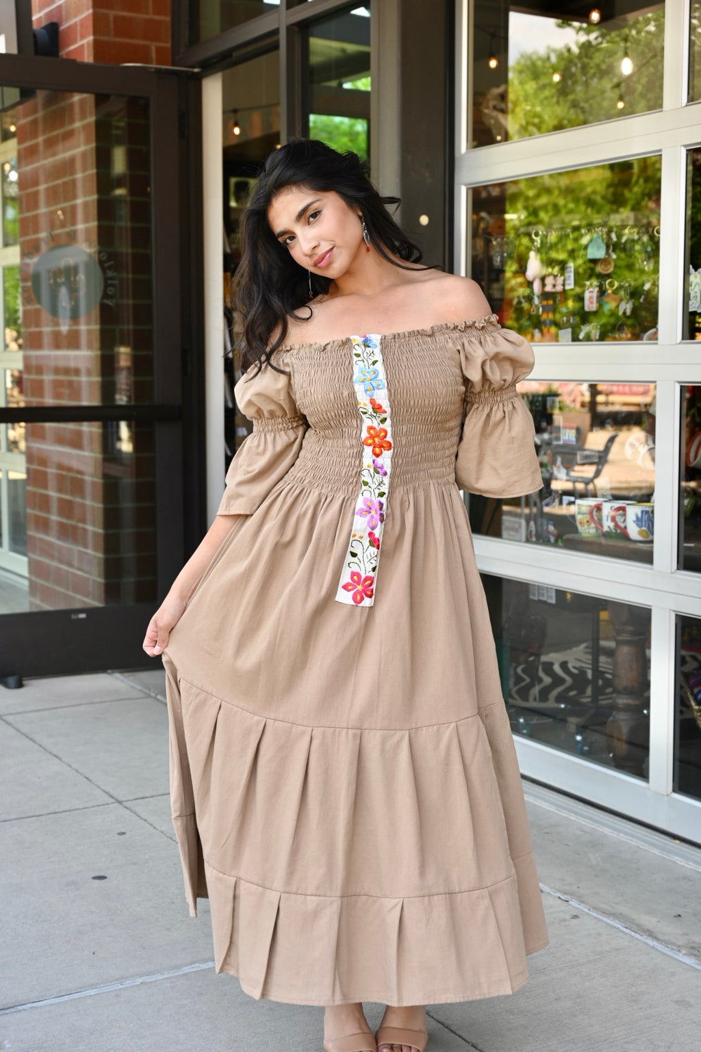 Josefina Flared Puff-Sleeve Midi Dress