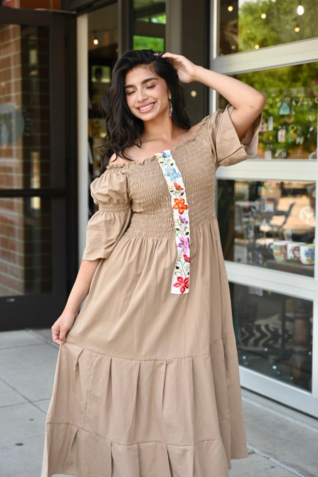 Josefina Flared Puff-Sleeve Midi Dress