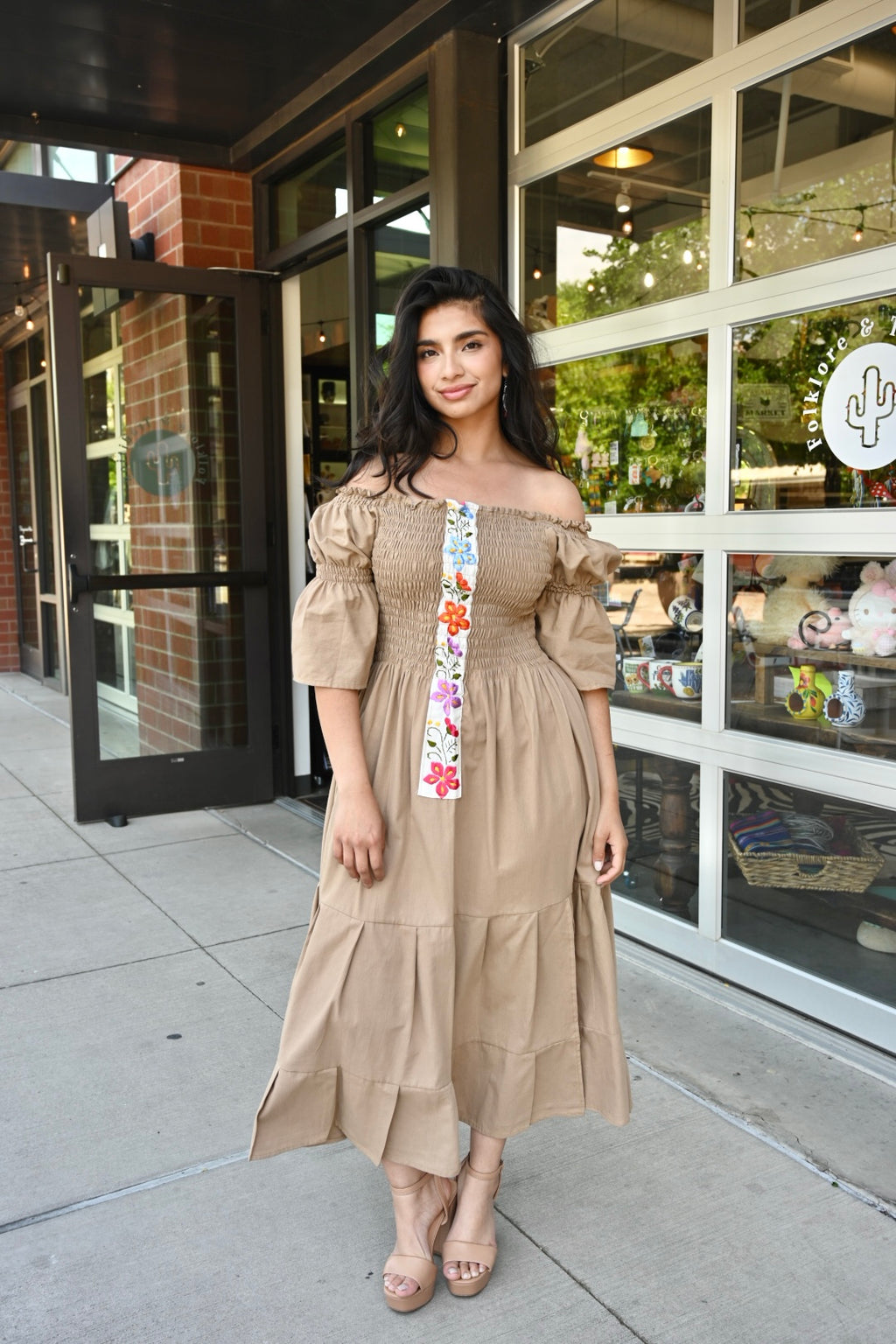 Josefina Flared Puff-Sleeve Midi Dress