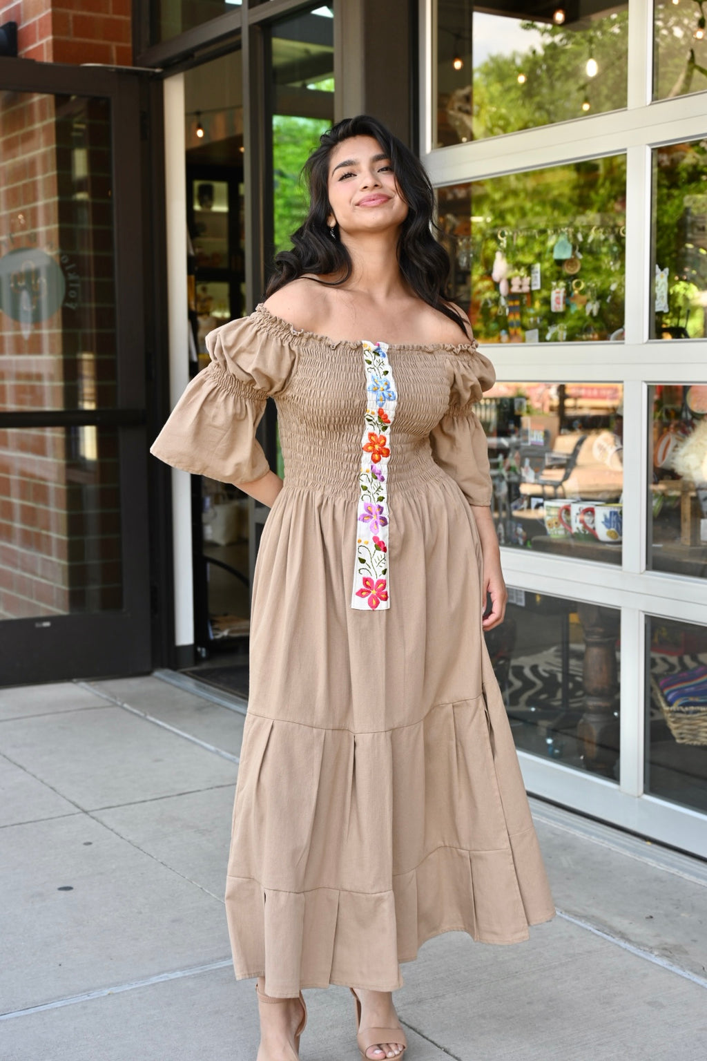 Josefina Flared Puff-Sleeve Midi Dress